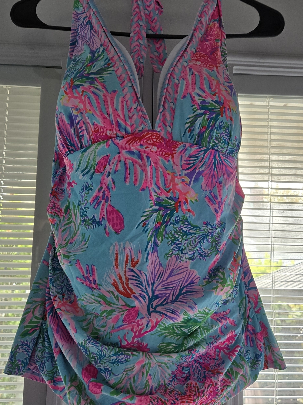 Tropical Print Halter Swimdress in Aqua and Pink